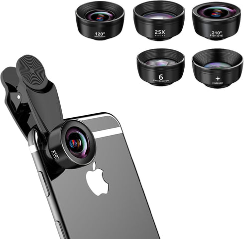 5-in-1 Smartphone Lens Kit - 120° Wide-Angle, 210° Fisheye, 25X Macro, Starburst, Hexagonal Kaleidoscope