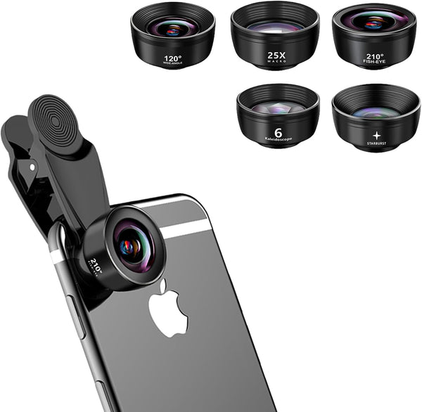 5-in-1 Smartphone Lens Kit - 120° Wide-Angle, 210° Fisheye, 25X Macro, Starburst, Hexagonal Kaleidoscope