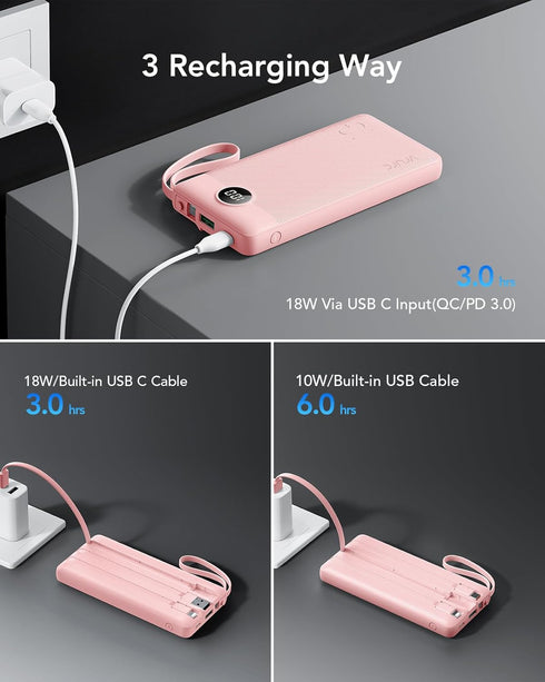 VRURC Portable Charger Power Bank, 10000mAh, 22.5W Fast Charging, Built-in USB-C Cable, Compatible with iPhone 15, Pink