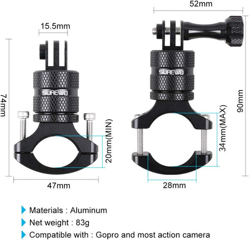 SUREWO Bike Mount for GoPro Hero 12/11/10/9/8/7/6/5 Black, Aluminum Handlebar Mount for Action Cameras