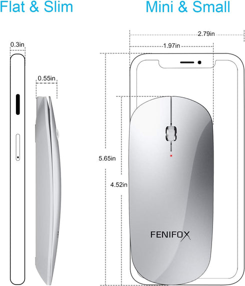 FENIFOX Bluetooth Mouse, Slim Mini Portable Wireless Rechargeable Quiet Ultra-Thin Mice (Silver and White)