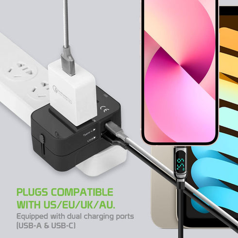 Portable Worldwide Universal Power Adapter Converter All in One International Wall Charger Plug for Wall Plug Input in USA EU UK France Italy Australia India Outlets (with USB-A and USB-C)