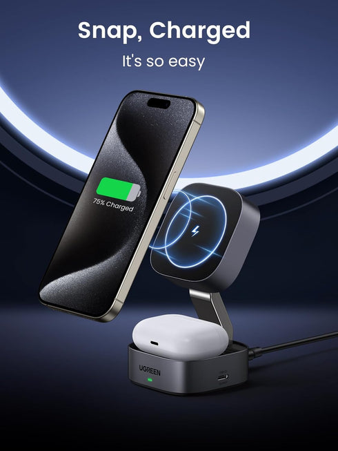 UGREEN MagFlow Magnetic Foldable Charging Station, 2-in-1 Fast Wireless Charger for iPhone 16 15 14 13