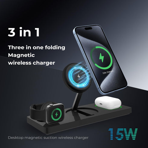 Wireless Charger Station 3 in 1, Fast Charging for iPhone 15/14/13/12, Apple Watch, AirPods with Adapter
