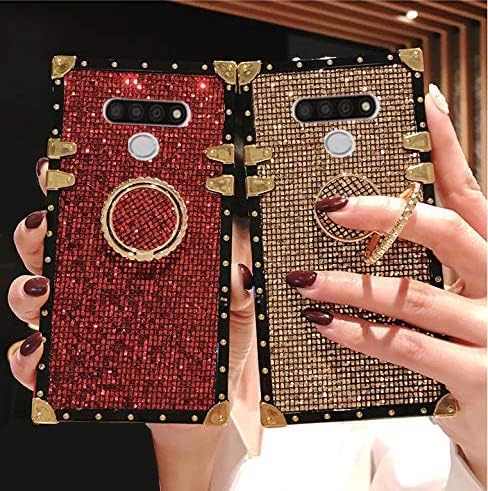 for LG Stylo 5/Stylo 5 Plus/Stylo 5X/Stylo 5V Bling Case,Luxury Bling Glitter Cute Gold Square Corner Soft TPU Trunk Cover with Finger Ring Grip Kickstand Phone Skin,White