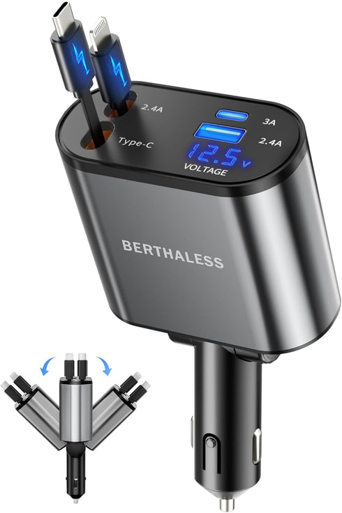 BERTHALESS Retractable Car Charger, 4 in 1 Fast Charging Car Charger with USB-C
