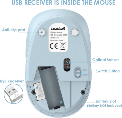 LeadsaiL 2.4GHz 3 1600 Wireless Mouse for Laptop, Silent USB Mouse, Slim Optical Mouse with Buttons, DPI, Works
