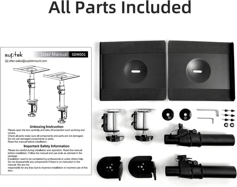 suptek Clamp-on Speaker Stand Desk Mount Set, Height Adjustment, Universal Audio Holders for Computer & Bookshelf