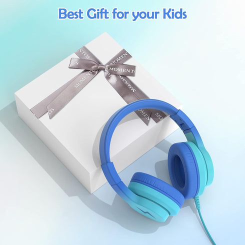 Kids Headphones with Microphone, Wired 85/94dB Volume Limiter, Sharing Jack, Foldable for Online Study, Gradient Blue