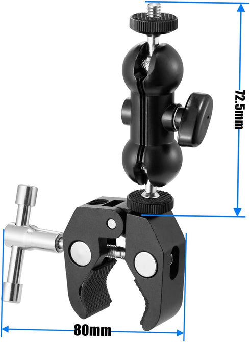 WANBY 1/4" 3/8" Double Ballhead Magic Arm Camera Clamp Mount Monitor Mount Bracket with Super Clamp with and Thread