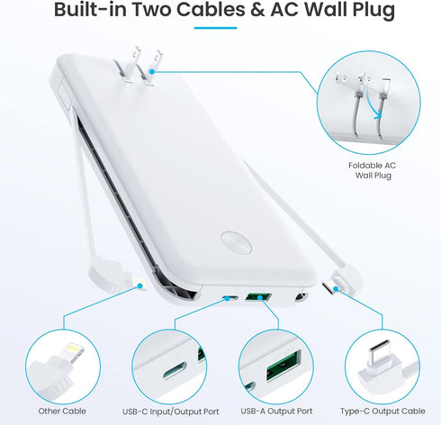 Portable Charger with Built-in Cables & AC Wall Plug, Ultra Slim 13800mAh USB-C Power Bank, LCD Display