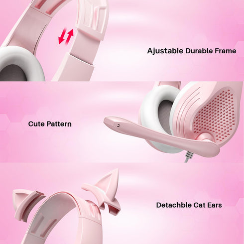 Pink Cat Ears Gaming Headset - Over Ear Wired Headphones with Microphone for PS4 Xbox One PS5 Controller, for PC