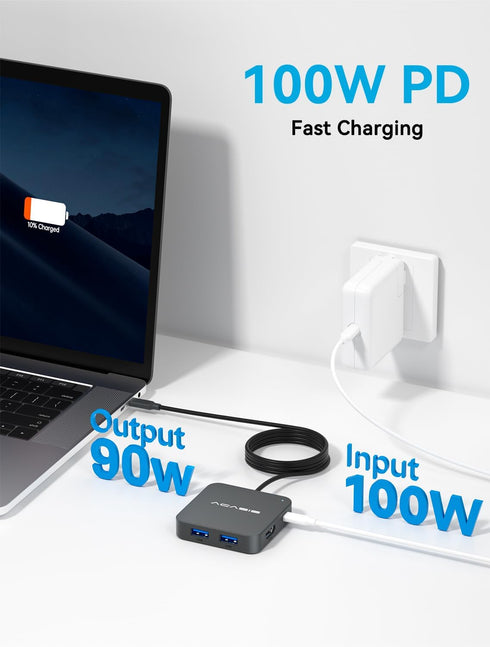 ACASIS 4FT 10Gbps, 4K 60Hz 100W 3 A3.1+1 3.1 USB C Hub Long Cable Multiport Adapter with HDMI, Power Delivery, USB