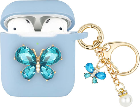 Wonhibo Cute Butterfly Case for AirPods - Cover for Airpod 1 & 2 with Keychain (Blue)