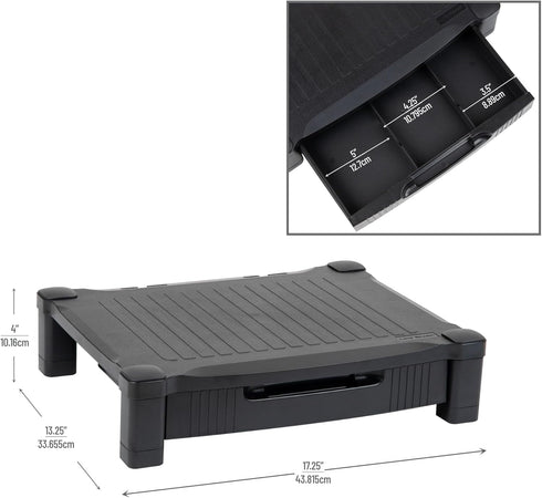 Mind Reader Black Monitor Stand with Storage Drawer, Desktop Organizer, Laptop Riser for Office, 17.25"L x 13.25"W x 4"H