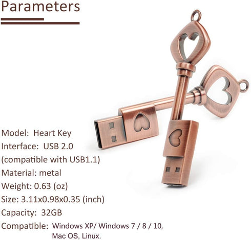 BORLTER CLAMP 32GB 2.0 USB Flash Drive, BorlterClamp Memory Stick Retro Metal Love Heart Key Shaped Thumb Drive