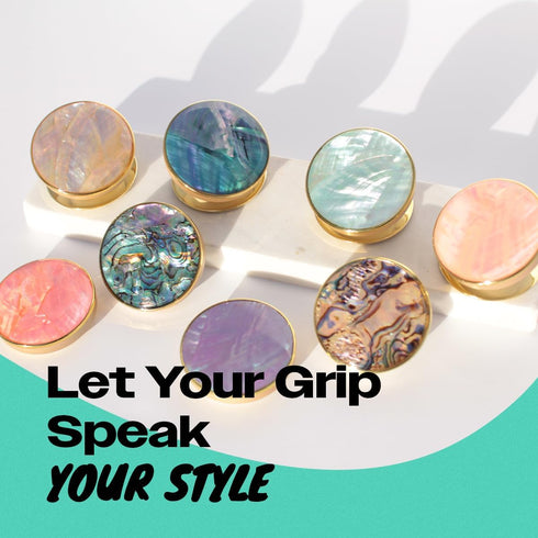 On The Grip Universal Phone Grip & Stand, Genuine Natural Gemstone/Seashell, Strong Adhesive Finger Holder, Collapsible