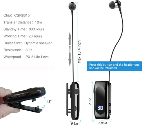 Retractable Wireless Headset, Stereo Earphone V5.0 Noise Cancelling Mic, Comfortable Hands-Free Headset for Sports and