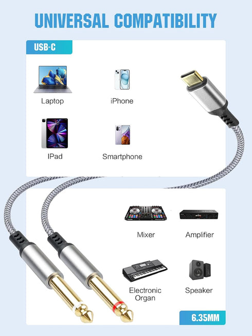 gudxfj 2 Pack 1/4 inch 6.35mm 6.6 USB C to Audio Cable, USB C to Dual TS Mono Cable, TS to Type C Y-Splitter Audio