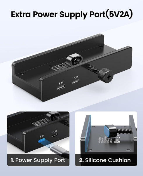 ORICO USB Hub 3.0, Clamp USB Hub with Extra Power Supply Port, 4-Port USB Adapter for Monitors, Desks