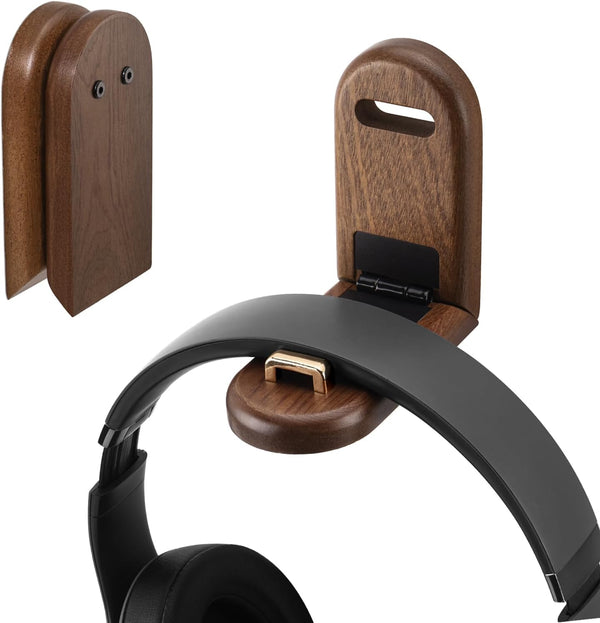 Wood Headphone Stand Wall Mount Holder, Sticky Headset Hook, Under Desk Headphone Hanger for Audio, Studio & Gaming