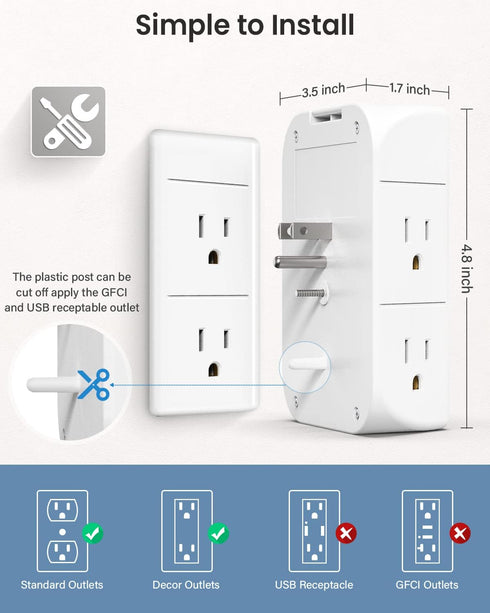 Wall Outlet Extender with Shelf and Night Light, Surge Protector, USB Wall Charger with 5 AC Outlets