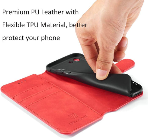 Luxury PU Leather Case by UEEBAI - Vintage Wallet Flip Cover with Card Slots for iPhone SE3/SE2 - Red