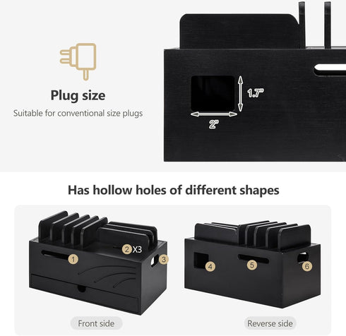 Homde Natural Bamboo Charging Station Rack for Multiple Devices, Cable Cord Management Box Organizer with 6 Slots Drawer
