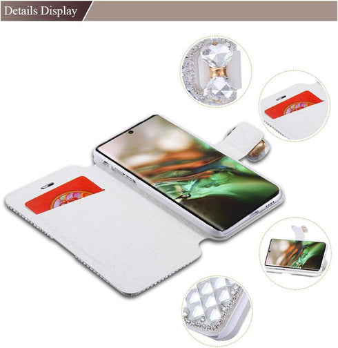 Omio Wallet Case for Galaxy Note 10 Plus, Luxury Bling Diamond Card Holder with Stand Feature (White)