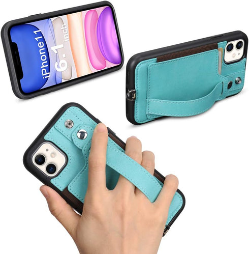 TOOVREN iPhone 11 Wallet Lanyard Case, Protective Cover with PU Leather Card Holder, Adjustable Detachable Strap