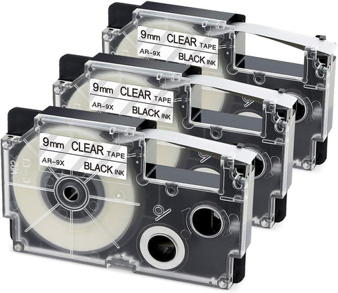 XR-9X Label Tape Replacement for Casio 3/8" 9mm Black on Clear - Compatible with KL-120, KL-60, 3-Pack