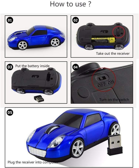 Wireless Sports Car Shape Mouse for Tesla Roadster, Optical Mouse with 2.4GHz USB Receiver, AA Battery Powered (Blue)