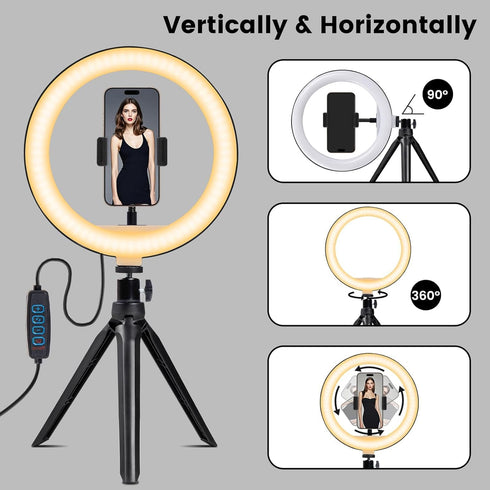 RYUNVOVO 10" 3 11 Selfie Ring Light with Tripod Stand and Phone Holder, LED Ring Light for Desk with Light Modes