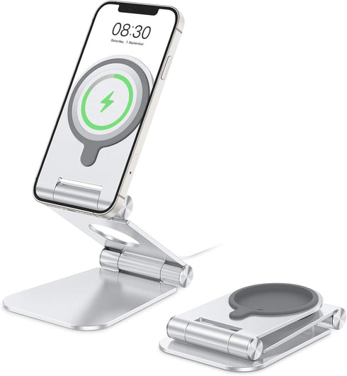 OMOTON Foldable Phone Stand Holder for MagSafe Charger, Compatible with iPhone 15/14/13/12 Pro Max, Silver