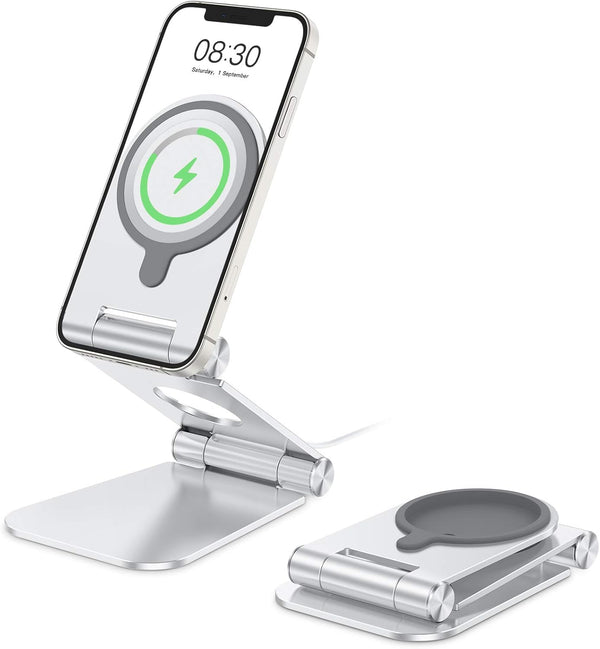 OMOTON Foldable Phone Stand Holder for MagSafe Charger, Compatible with iPhone 15/14/13/12 Pro Max, Silver