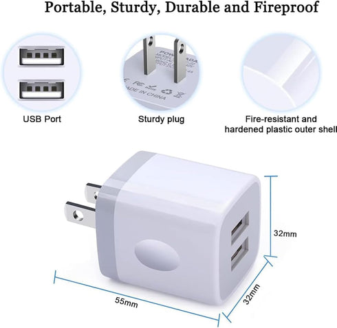 FiveBox USB Wall Charger Block, 3-Pack Dual Port 2.1Amp Fast Charging Cube for iPhone, iPad, Samsung