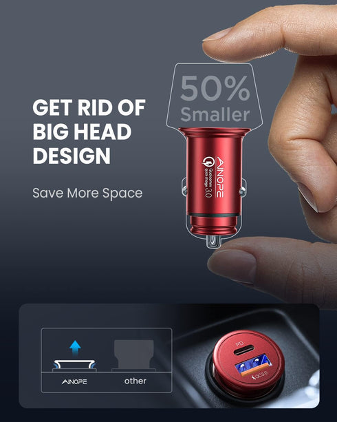 AINOPE USB C Car Charger 67.5W, Red Car Accessories Car Charger USB C for iPhone, Super Mini All Metal Fast Charging