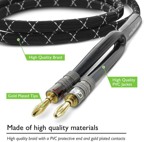 GearIT 14AWG Premium Heavy Duty Braided Speaker Wire Cable (25 Feet) Dual Gold Plated Banana Plug Tips - In-Wall CL2 - Oxygen-Free Copper (OFC) Black by GearIT