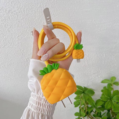 ZOSTLAND Yellow Fruit Pineapple 5 in 1 DIY 18W 20W Data Cable USB Charger Line Earphone Wire Saver for iPhone 11-15 Pro
