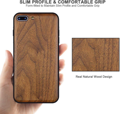Wood Case for iPhone 7 Plus/8 Plus, Real Natural Wood, Slim Shockproof Hybrid Cover (Walnut)