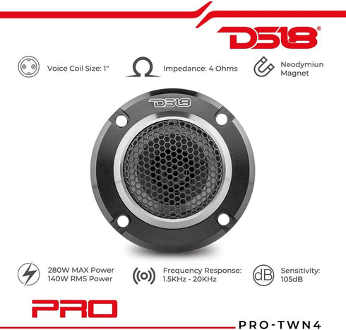 DS18 PRO-TWN4 High Compression Neodymium Super Bullet Tweeter, 1" VC, 280 Max, 140W RMS, 4 Ohms with Built-in Crossover