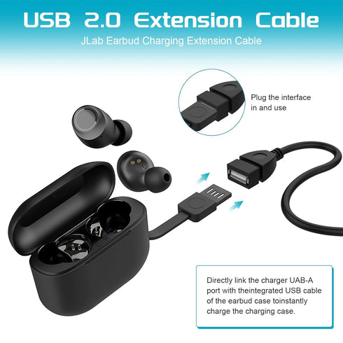 USB Extension Charger Cable for JLab Go Air Pop/Sport, Epic Air ANC/Sport ANC, JBuds Air/Sport/Executive/ANC/Play