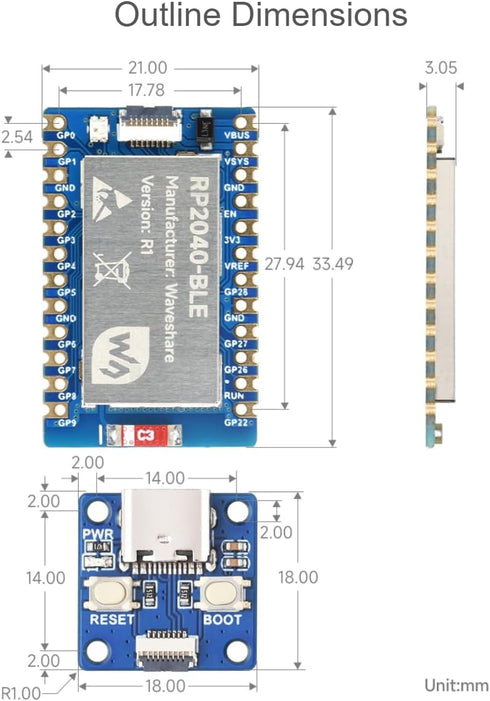 waveshare RP2040-BLE Mini Development Board, USB Port Adapter Based on Raspberry Pi RP2040 Chip