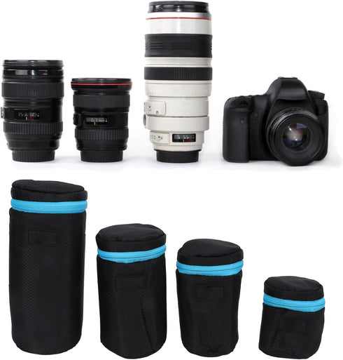 4Pcs Neoprene Waterproof DSLR Camera Lens Pouch Zipper Bag with Metal Hook for Camera Lens