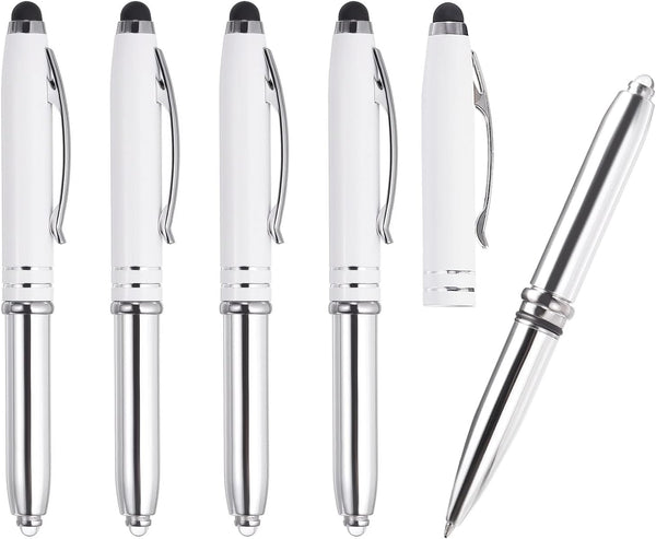 PATIKIL Ballpoint Pen with Stylus Tip and LED Flashlight, 5 Pack 3 in 1 Metal Pen Black Ink 1.0mm for Touch Screens