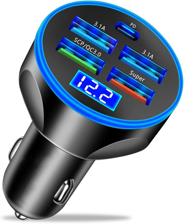 5 Port USB Car Charger, 250W Super Fast Charging Adapter with LED Voltage Monitor, Multi Port Car Accessories (Black)
