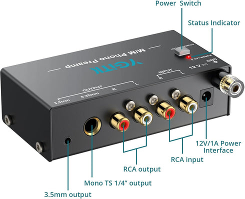 6.35MM MM 12V Phono Turntable Preamp, Mini Preamplifier with RCA Input & Headphone and RCA Output, Low Noise Operation