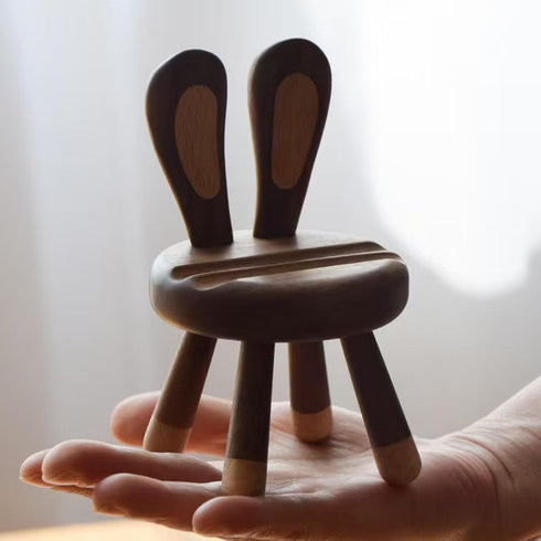 Yienning Cute Walnut Chair Cellphone Holder Stand Mini Chair Shape Phone Holder Rabbit Ears Phone Stand Desk Ornament
