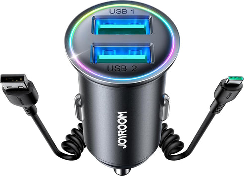 JOYROOM 4.8A Car Phone Charger, Mini All Metal Cigarette Lighter USB Charger with Type C Coiled Cable for iPhone 15 Pro