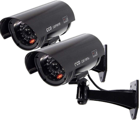 F FINDERS&CO Fake Security Camera with Realistic Red Flashing Lights and Warning Sticker, Indoor Outdoor, 2 Pack